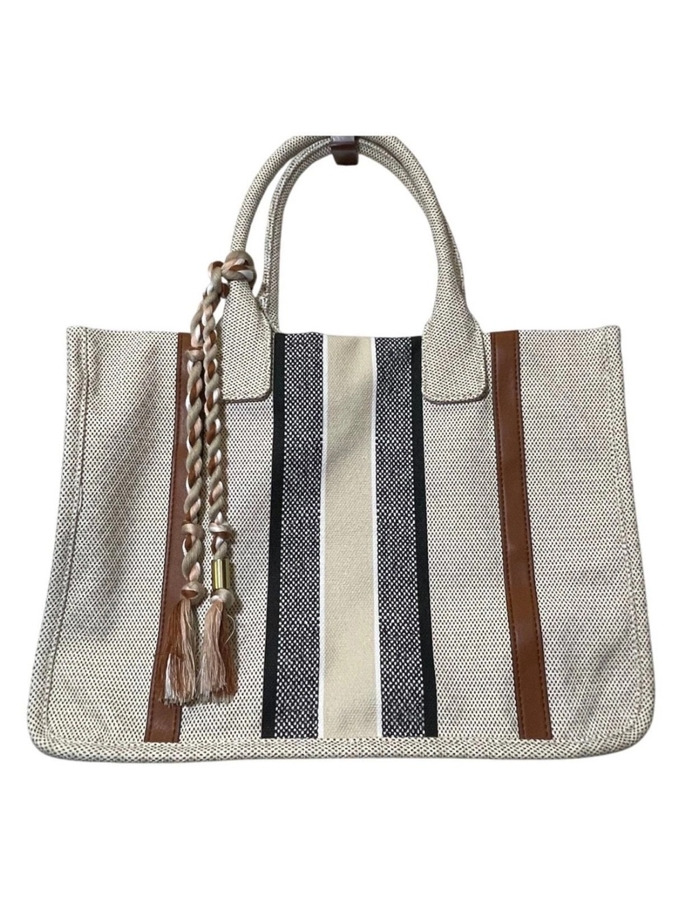 Vince Camuto Orla Tote Striped Tassel leather Accent Oatmeal Coastal $135 MSRP
